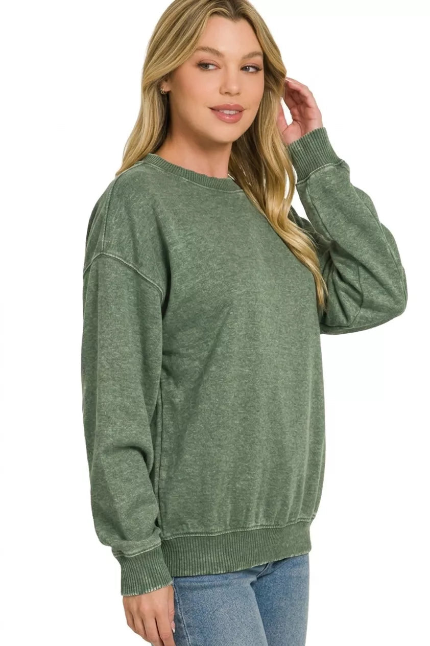 Fleece Acid Enzyme Washed Round Neck Sweatshirts 