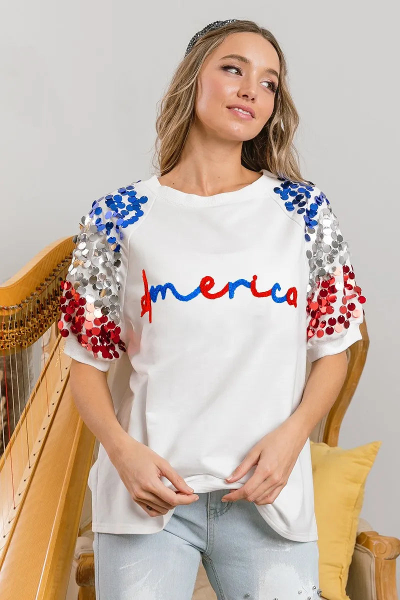 BiBi America Letter Applique Spangle Puff Sleeves Top 