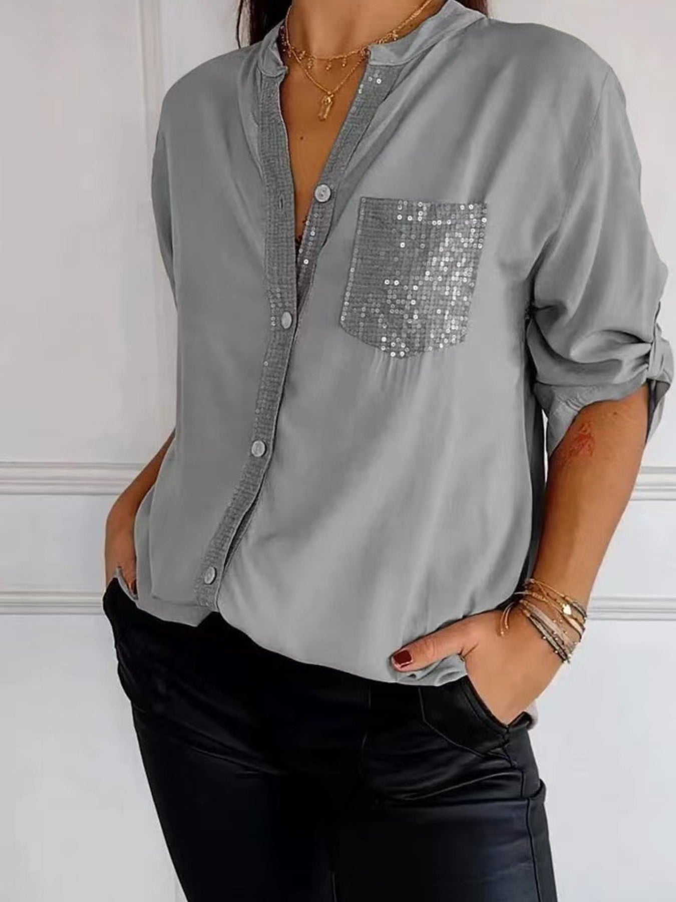 Full Size Sequin Detail Button-Down Shirt Plus Size 
