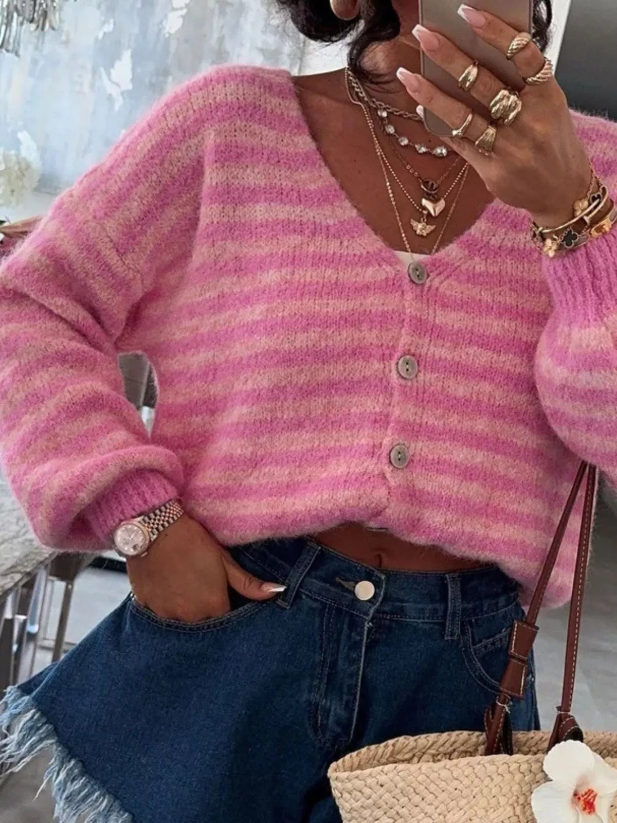 Striped Knit Button-Down Cardigan 