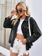 Pearl Trim Raw Hem Denim Jacket 