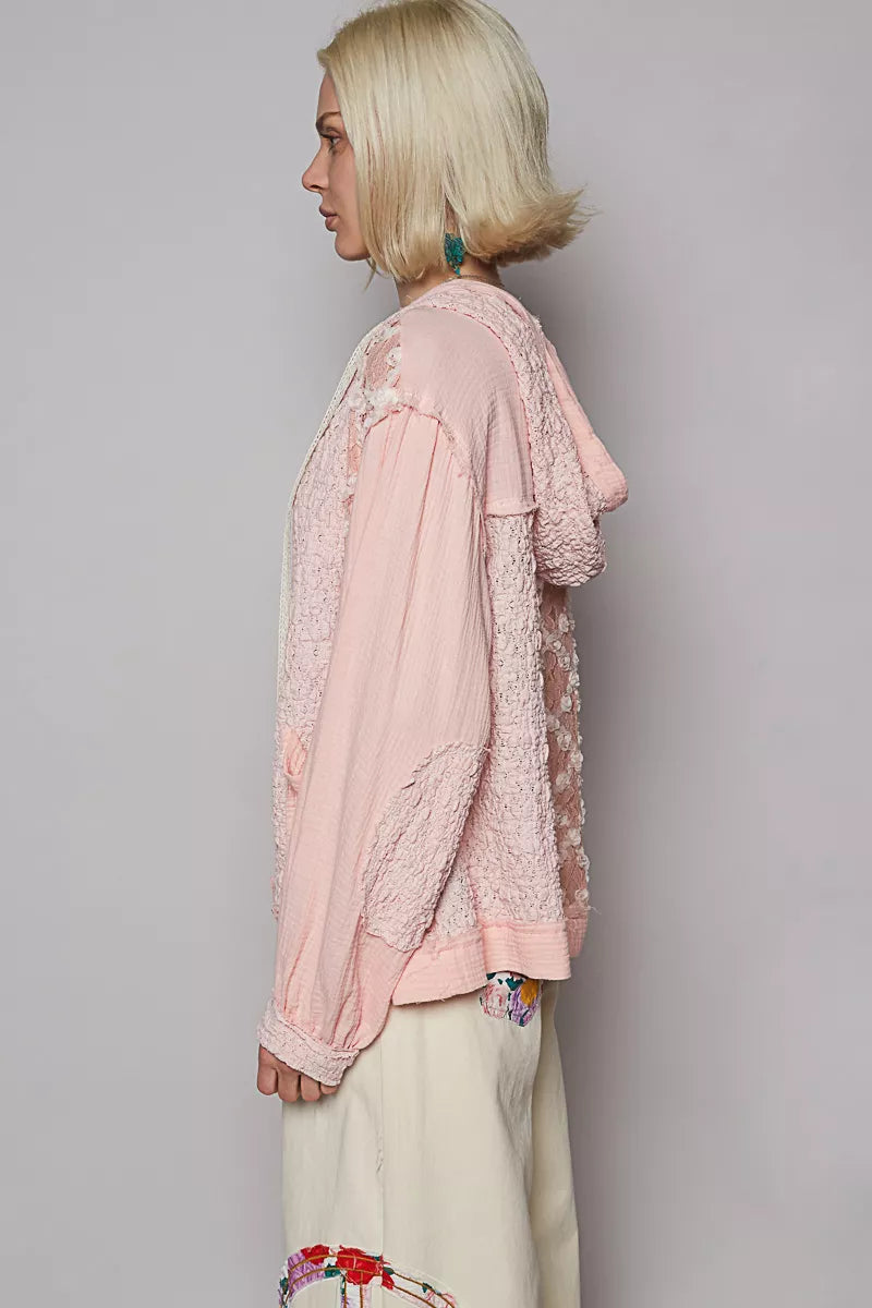POL Exposed Seam Button Down Hooded Jacket with Lace Detail 