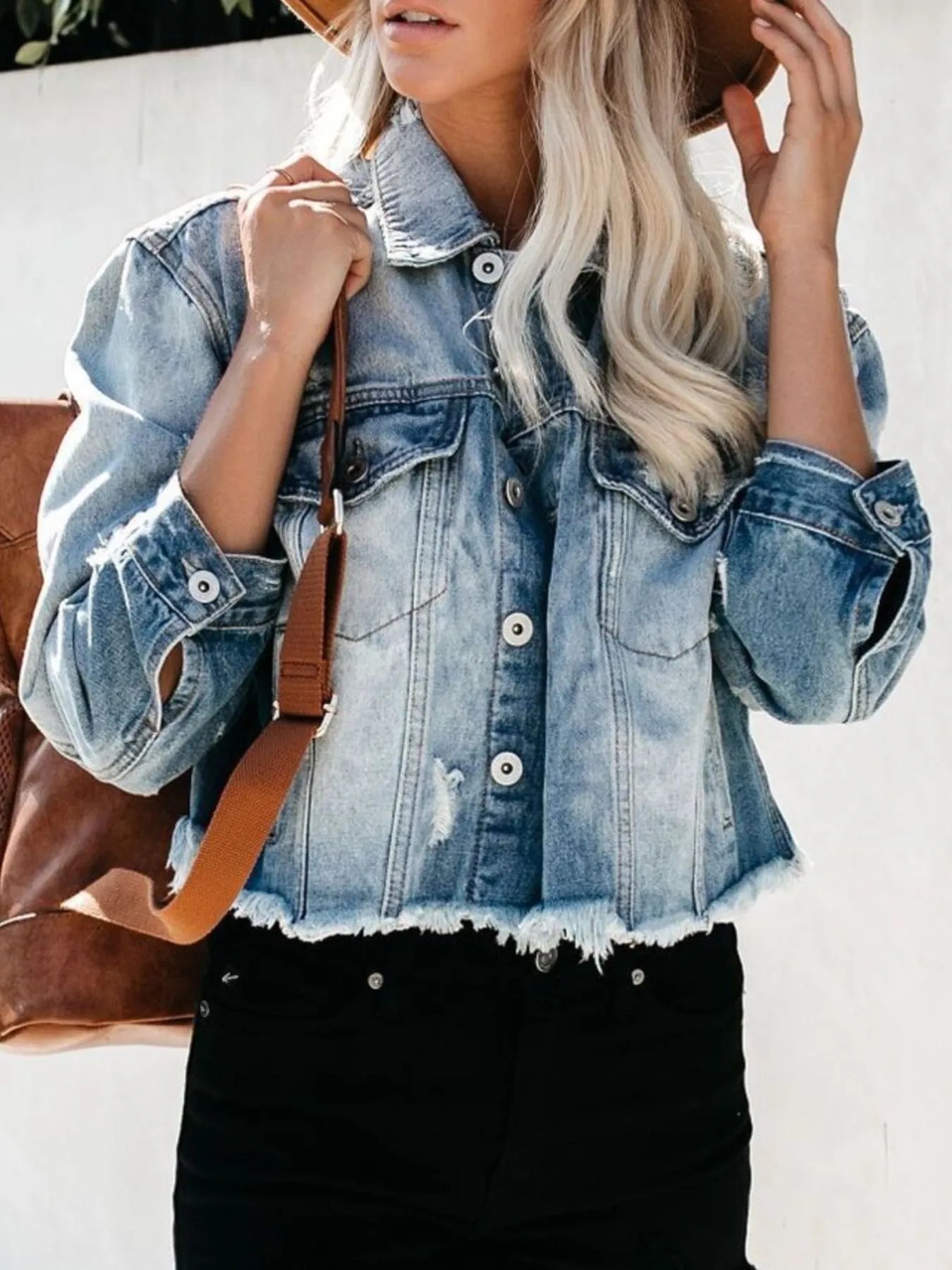 Distressed Raw Hem Denim Jacket 