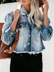 Distressed Raw Hem Denim Jacket 