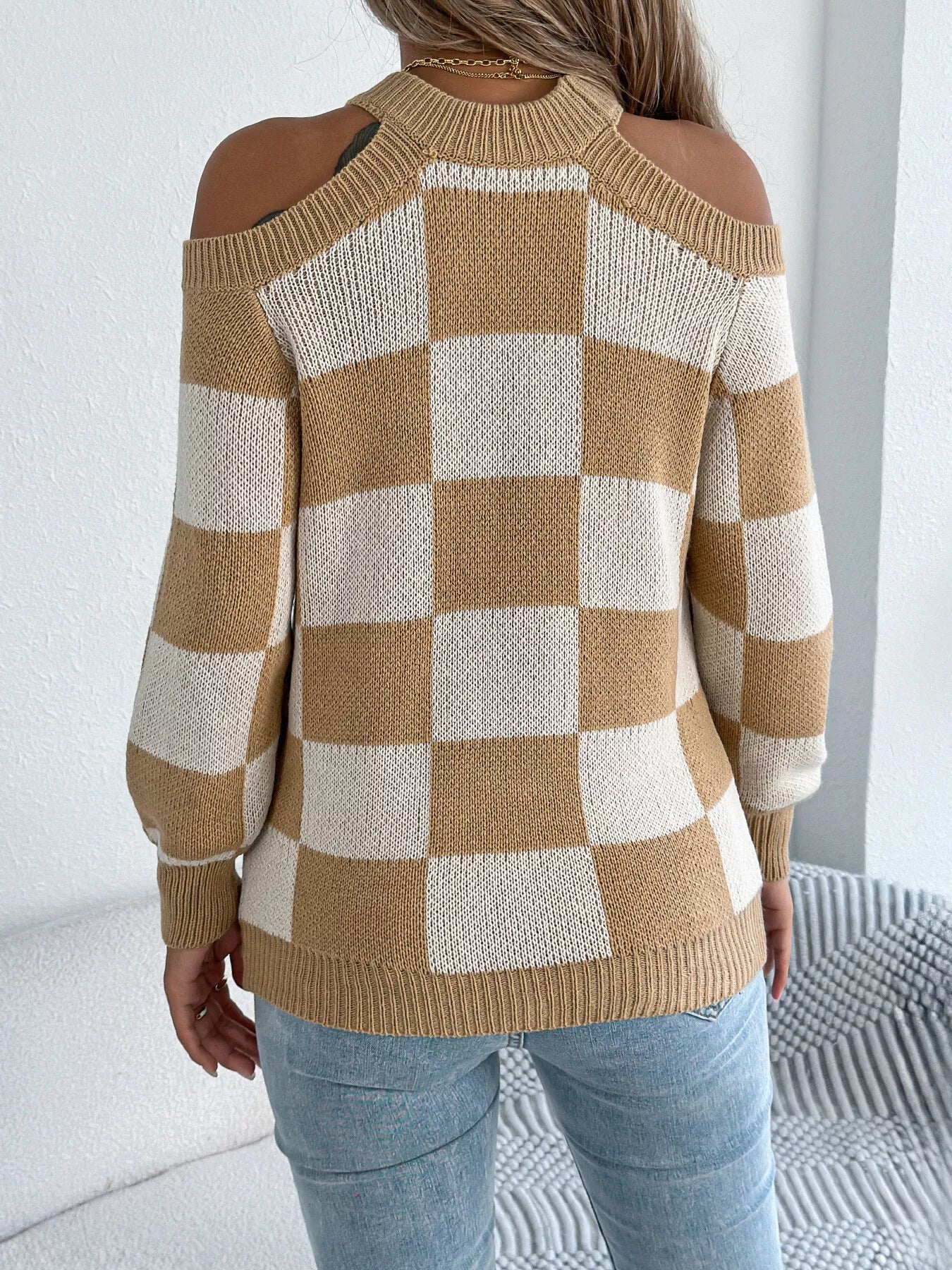 Cold Shoulder Checkered Long Sleeve Sweater 