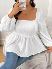 Plus Size Square Neck Long Sleeve Peplum Blouse 