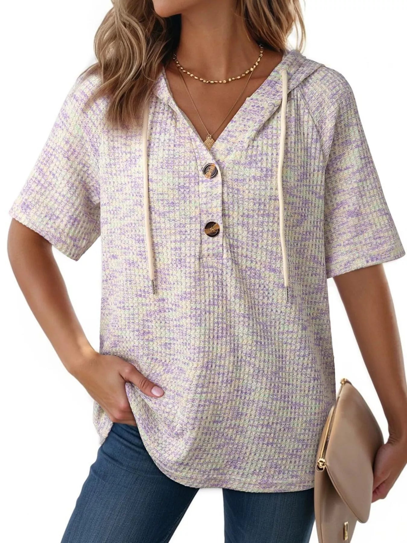Drawstring Short Sleeve Hooded Top 