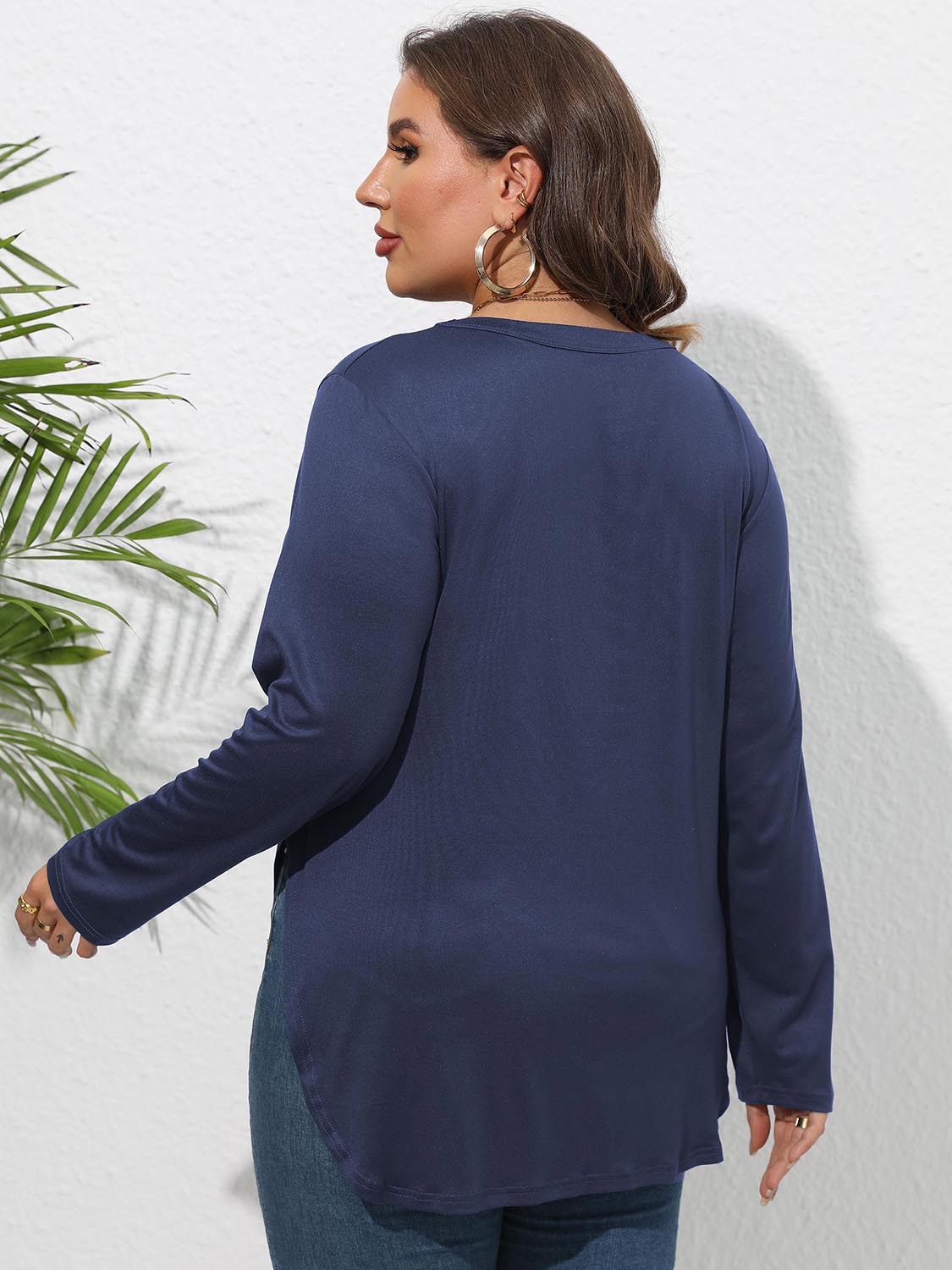 Plus Size Round Neck Long Sleeve Slit T-Shirt 