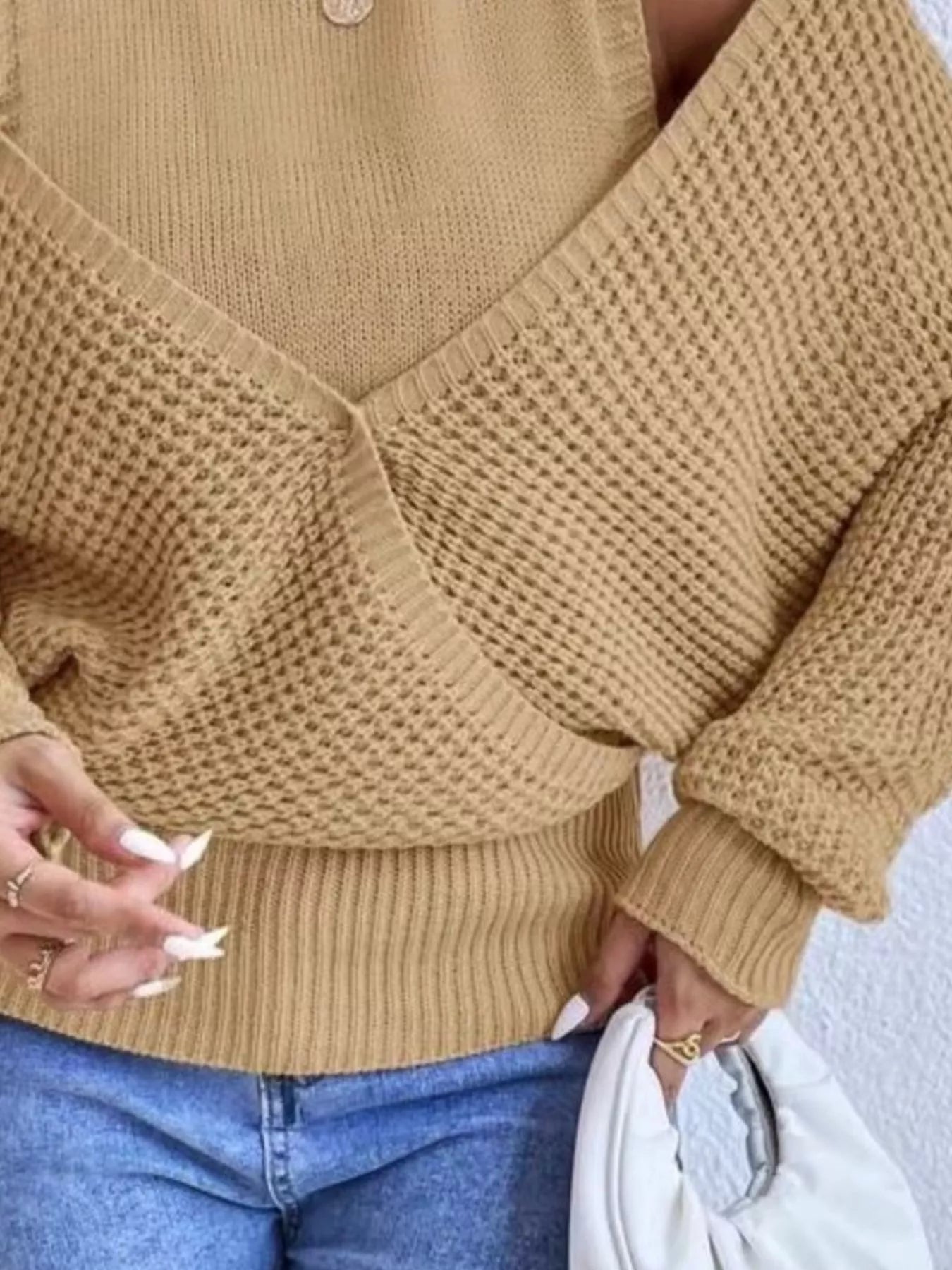 Waffle Knit Cold Shoulder Turtleneck Sweater 