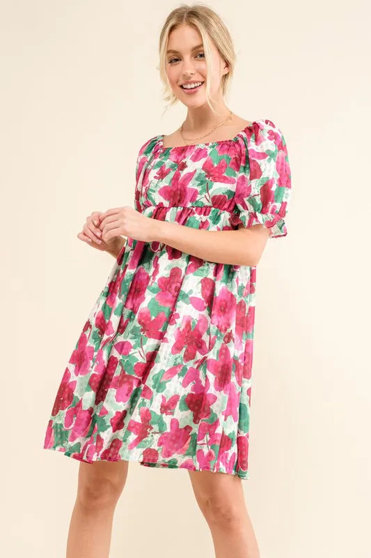 And The Why Smocked Floral Ruffle Short Sleeve Mini Dress 