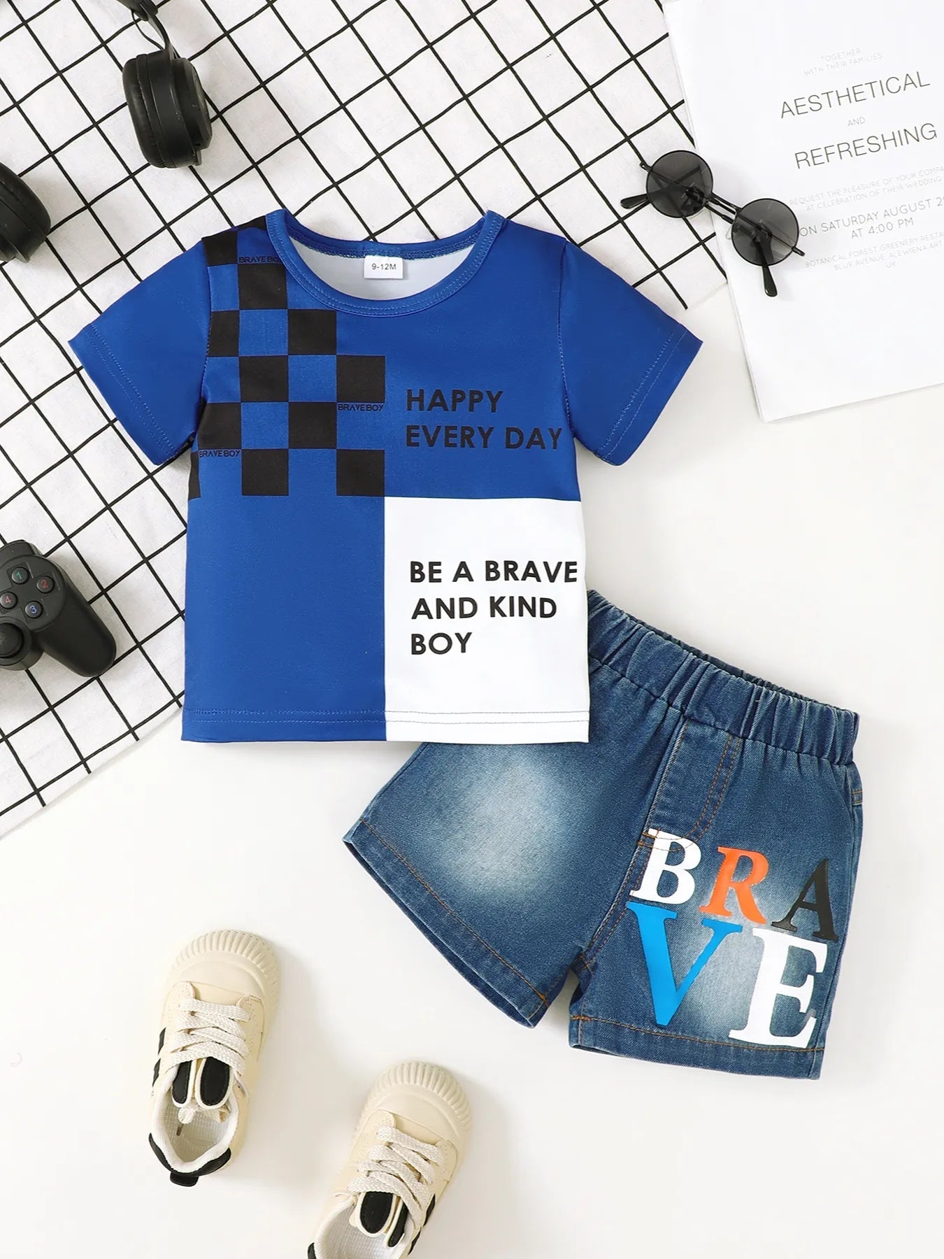Children's Letter Round Neck Top and Denim Shorts Set 