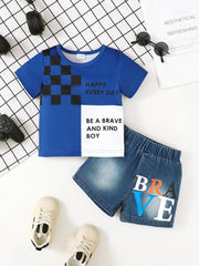 Children's Letter Round Neck Top and Denim Shorts Set 