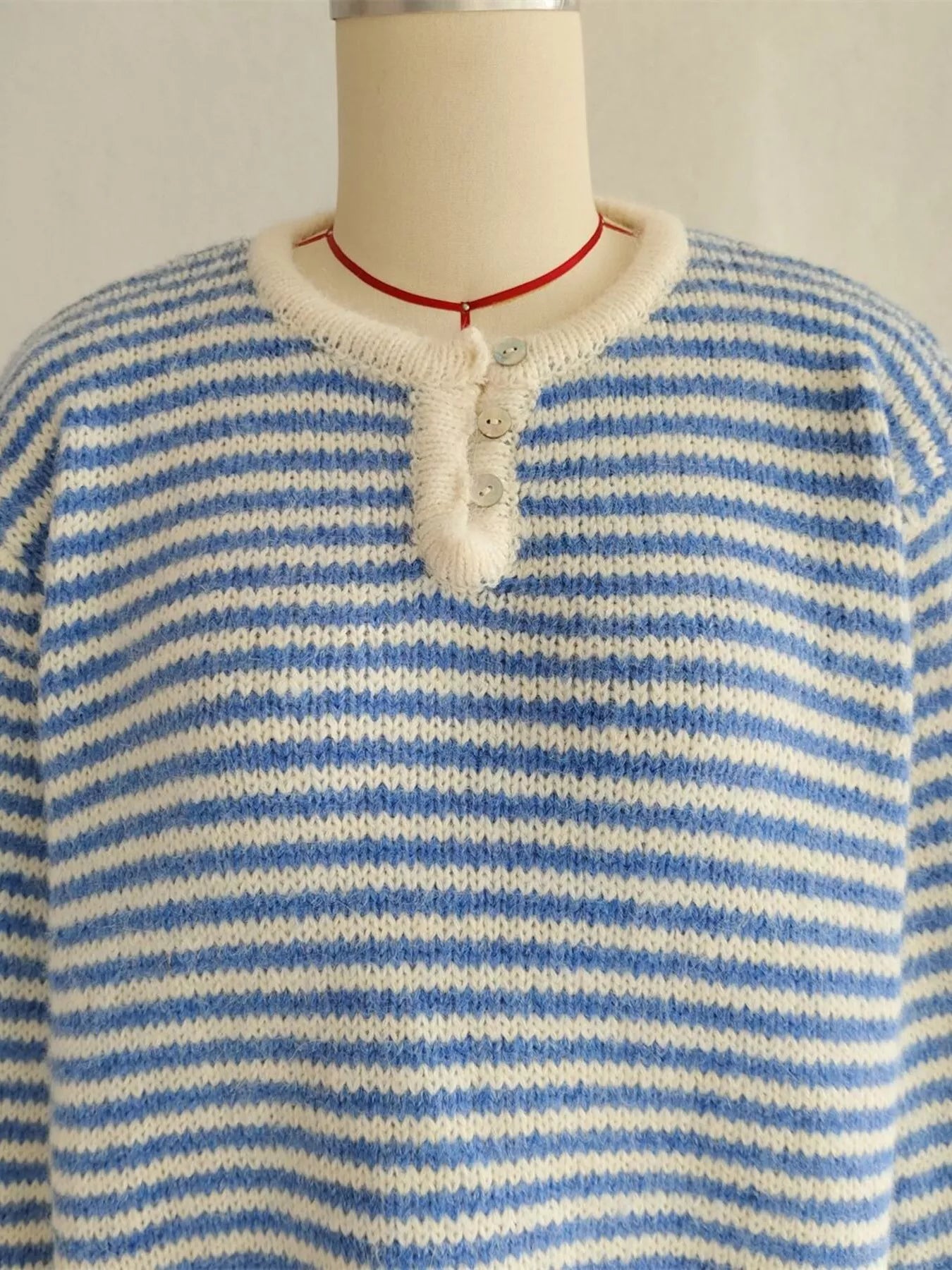 Striped Button Detail Long Sleeve Sweater 