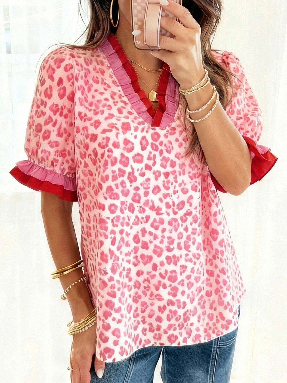 Leopard Print Frill Short Sleeve Blouse 