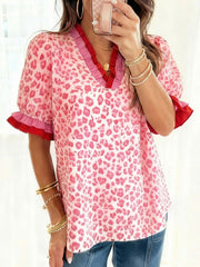 Leopard Print Frill Short Sleeve Blouse 