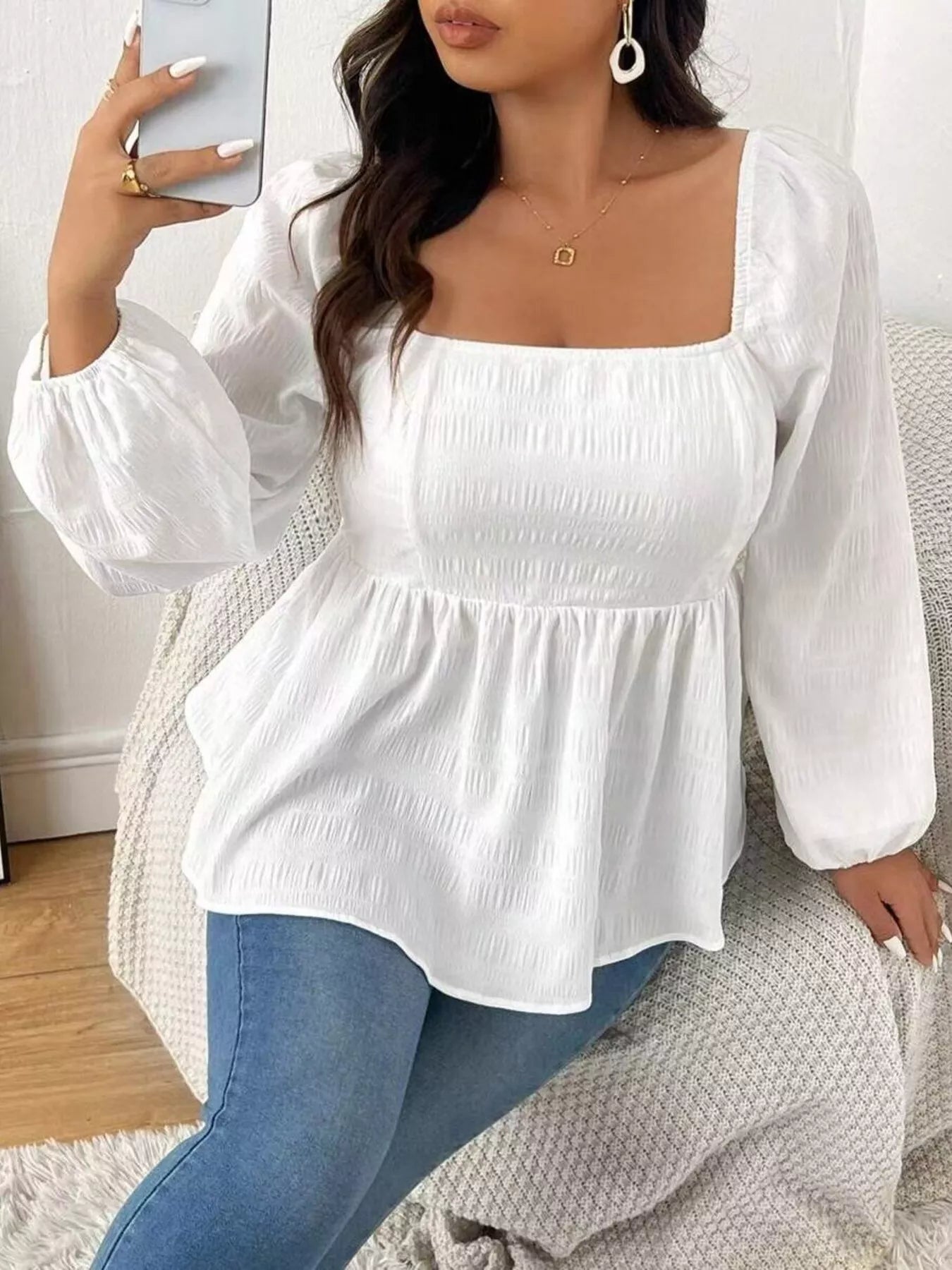 Plus Size Square Neck Long Sleeve Peplum Blouse 
