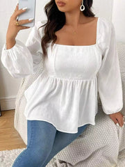 Plus Size Square Neck Long Sleeve Peplum Blouse 
