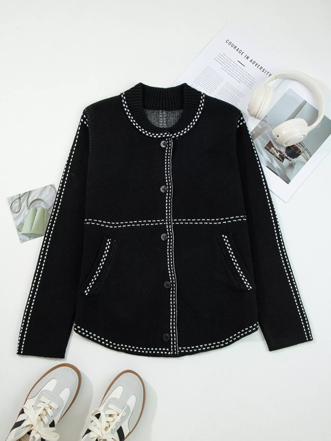 Contrast Trim Button up Sweater Cardigan 