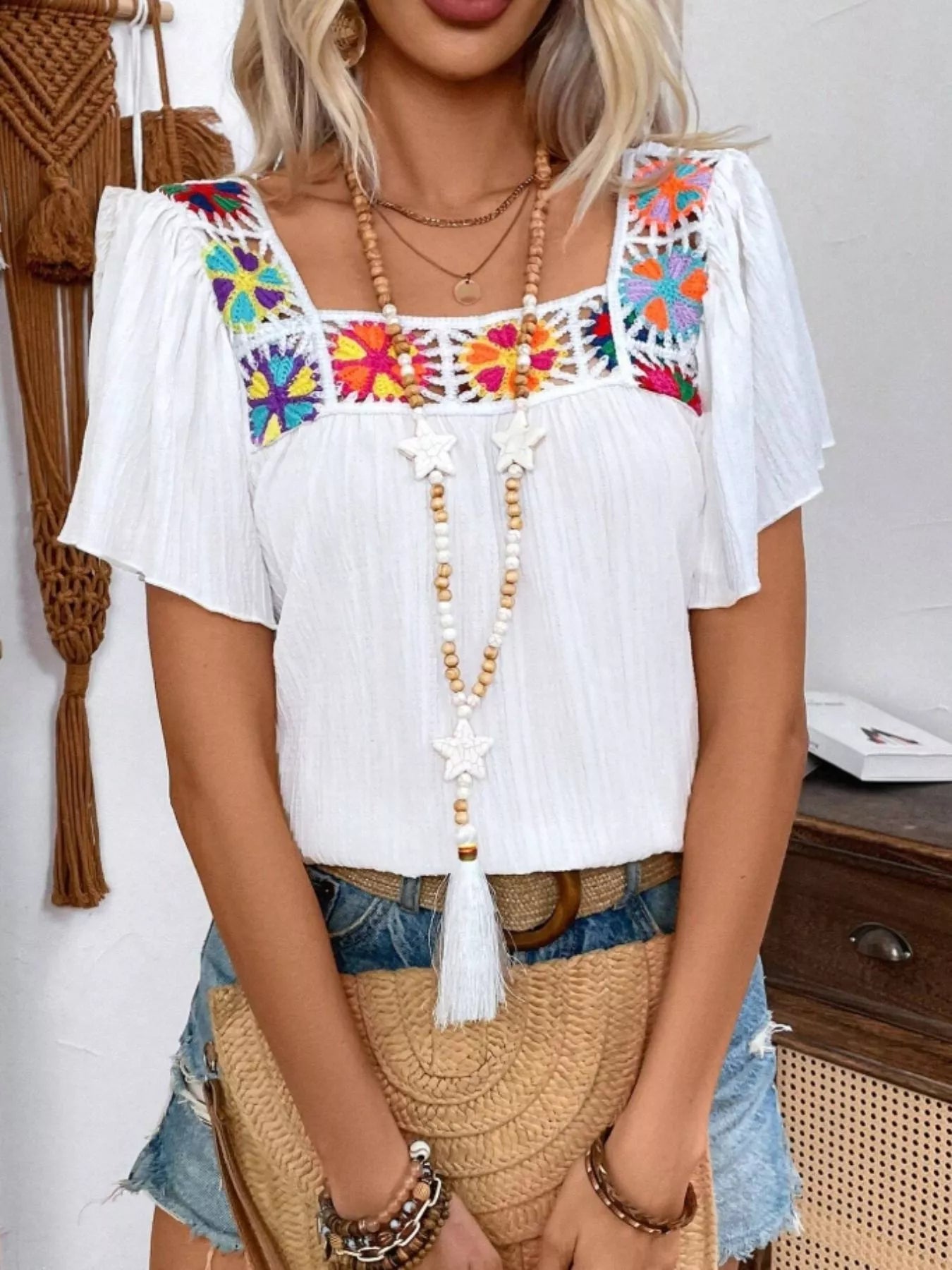 Embroidered Square Neck Flutter Sleeve Blouse 