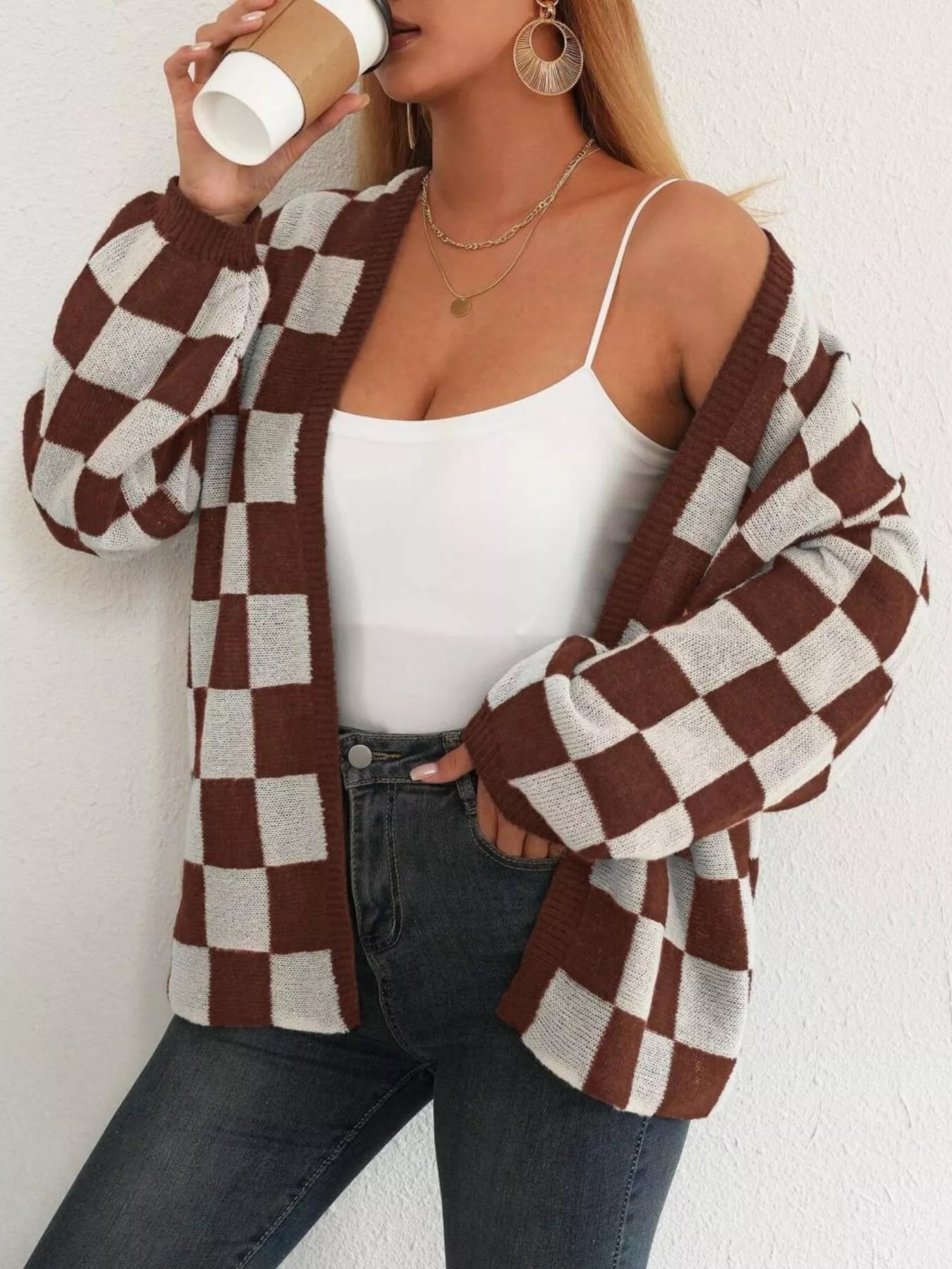 Checkerboard Pattern Open Front Knit Cardigan 