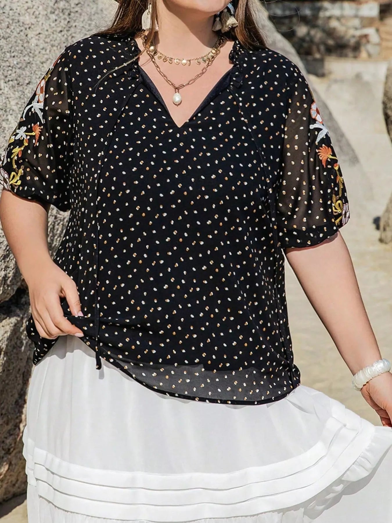 Plus Size Printed Tie Neck Half Sleeve Blouse 