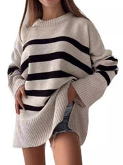 Side Slit Striped Oversized Knit Sweater 