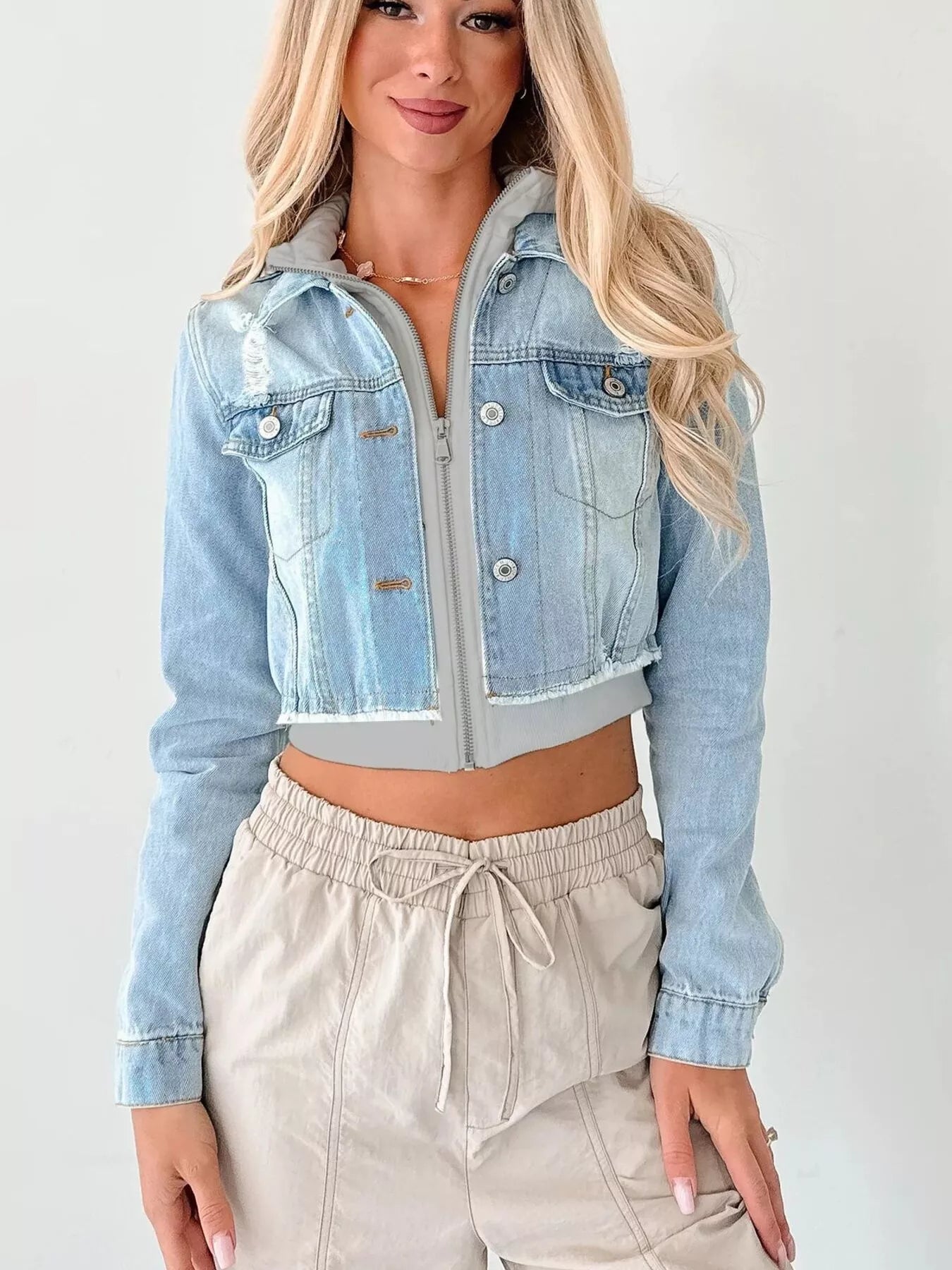 Distressed Zip Up Cropped Hooded Denim Jacket 