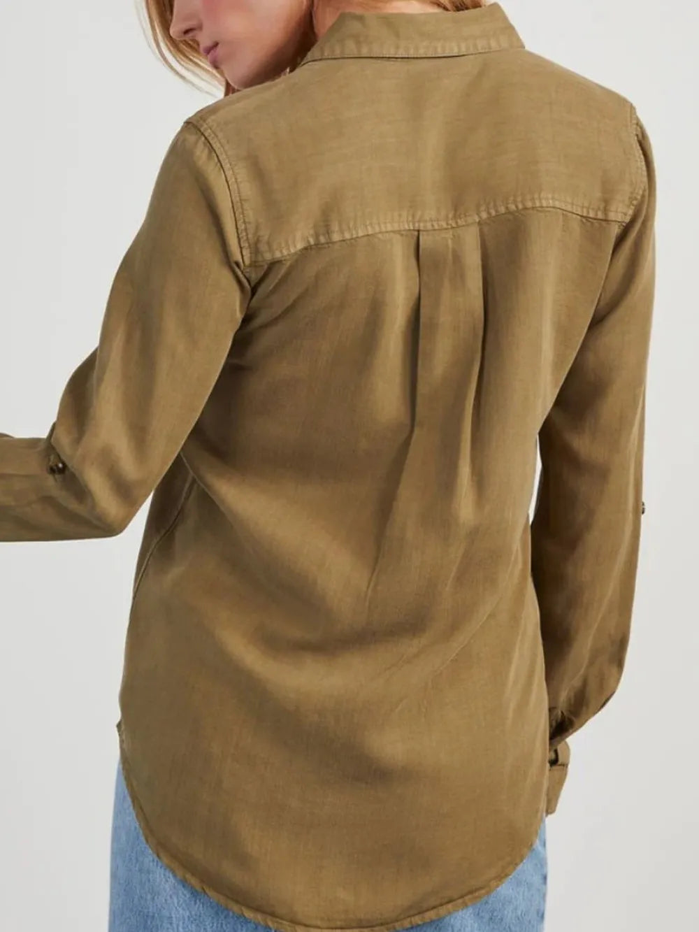 Collared Neck Roll-Tab Sleeve Denim Top 