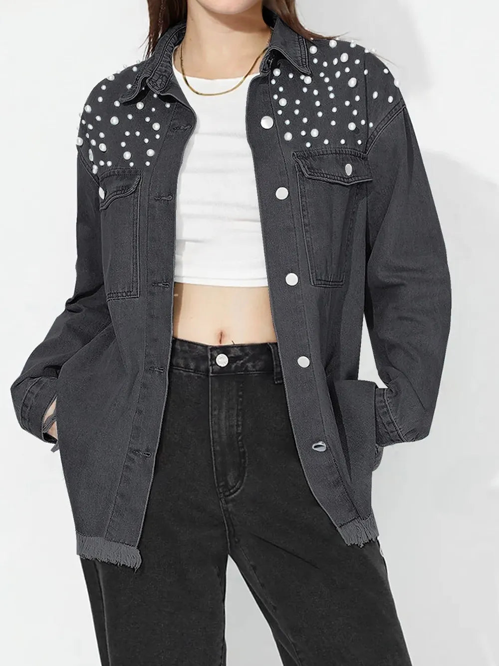 Raw Hem Pearl Trim Collared Neck Denim Top 