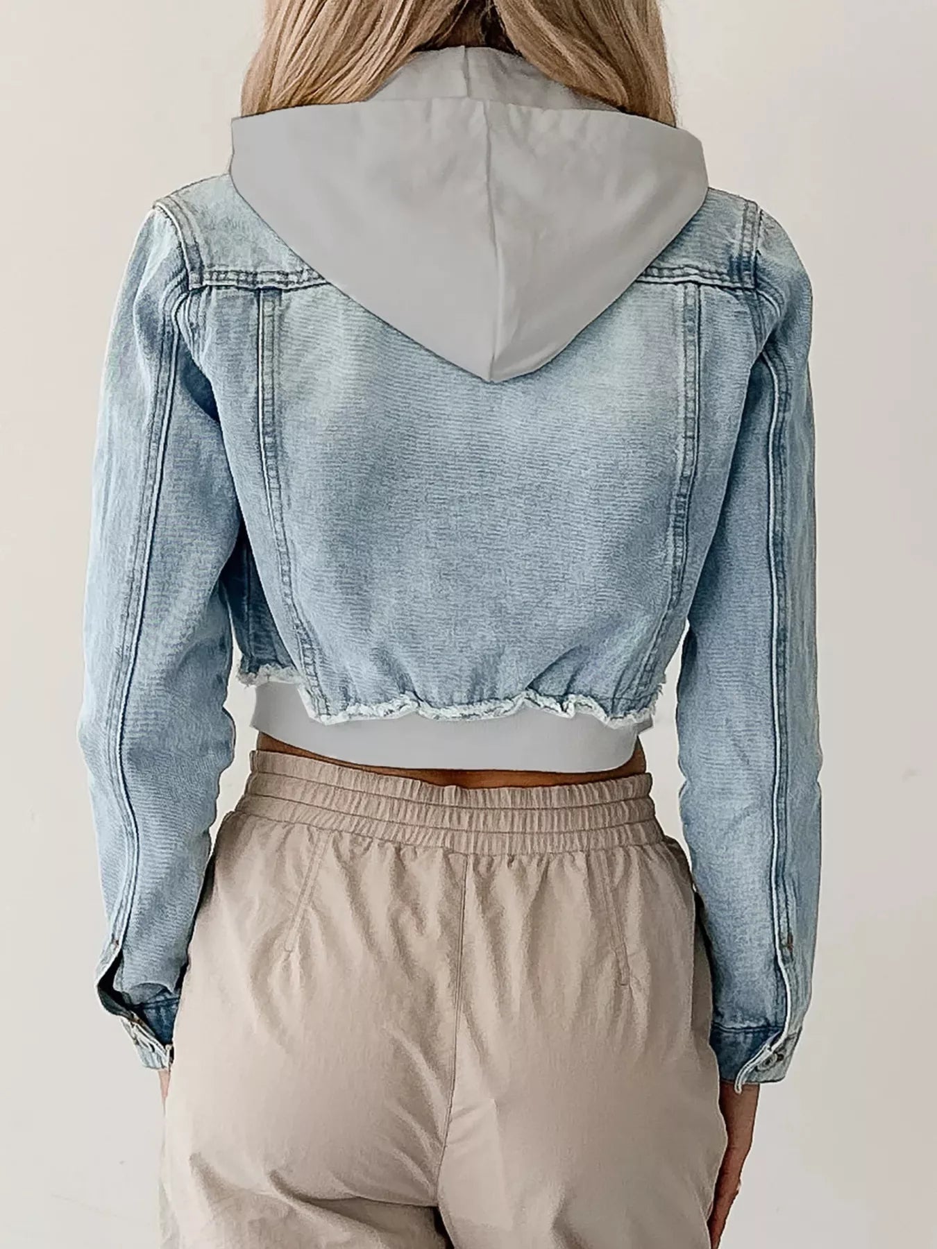 Distressed Zip Up Cropped Hooded Denim Jacket 