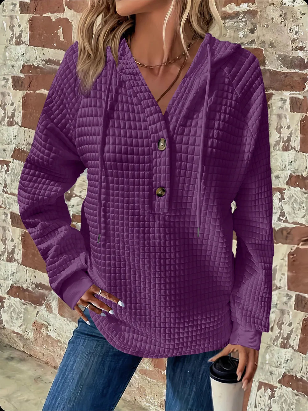 Full Size Texture Button Detail Drawstring Long Sleeve Hoodie 
