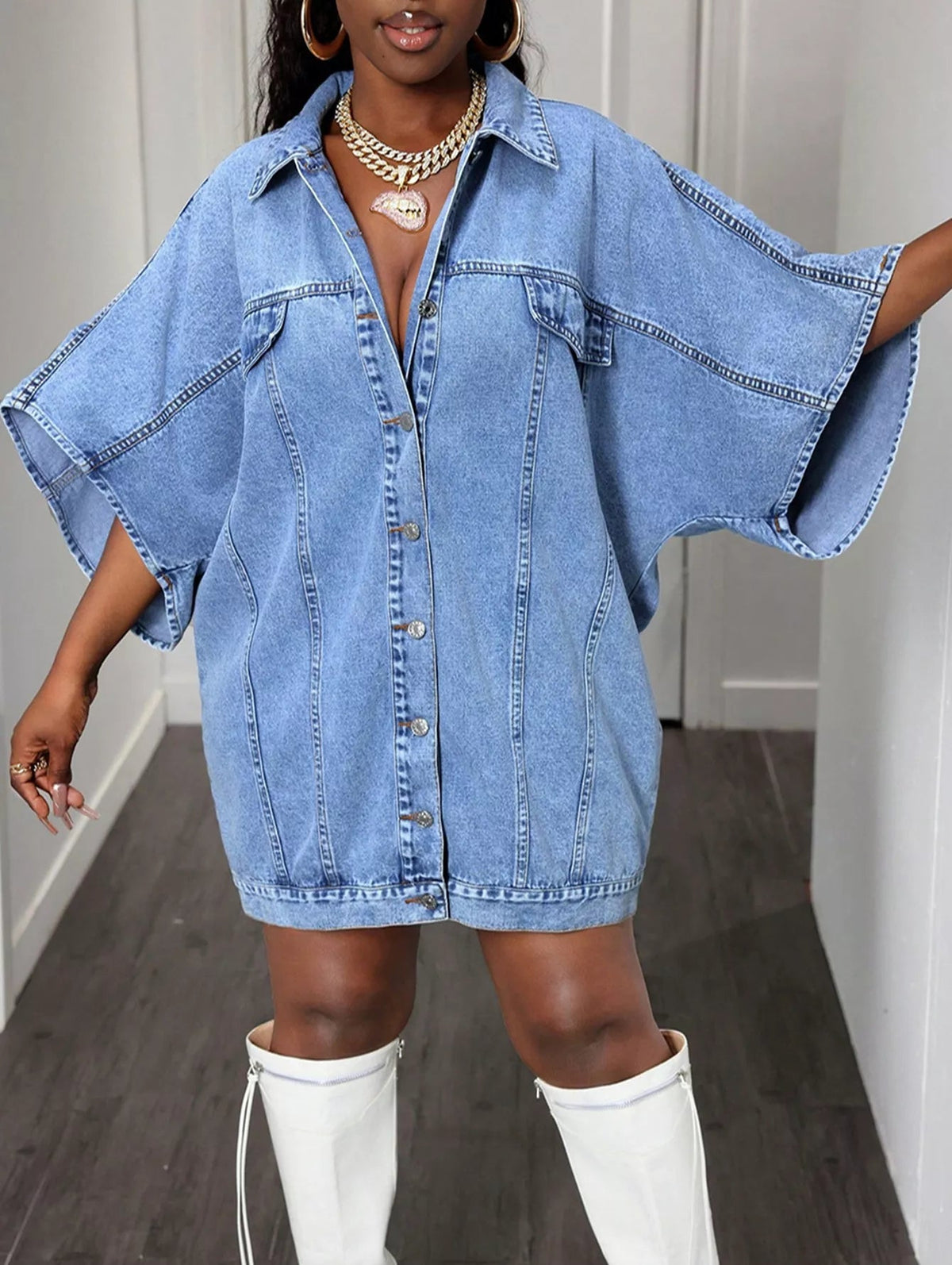 Oversized Batwing Sleeve Denim Top 