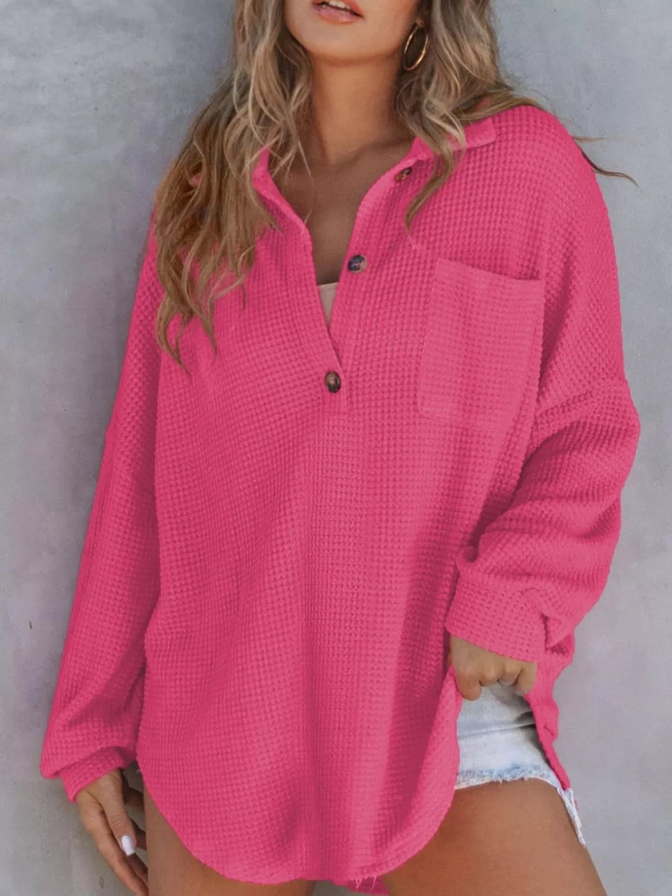 Casual Waffle Knit Button Detail Blouse 