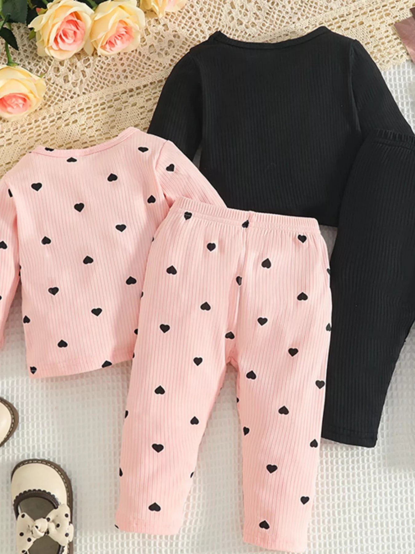 Children's Heart Print Ribbed Top and Pants Set 