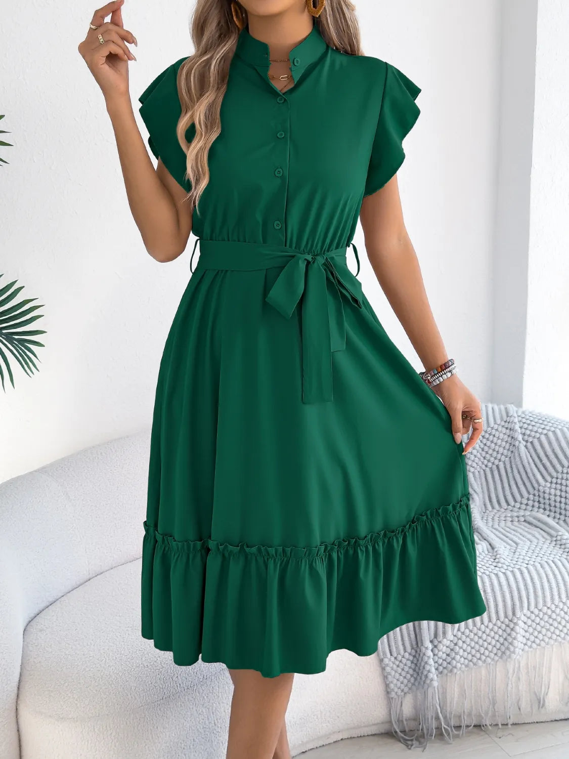 Tie Waist Ruffled Cap Sleeve Dress 