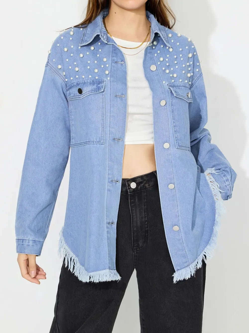 Raw Hem Pearl Trim Collared Neck Denim Top 