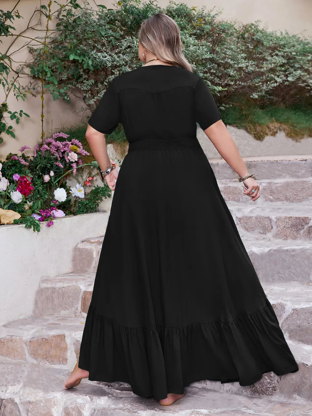 Plus Size Ruffled Hem Button Down V-Neck Short Sleeve Maxi Dress 