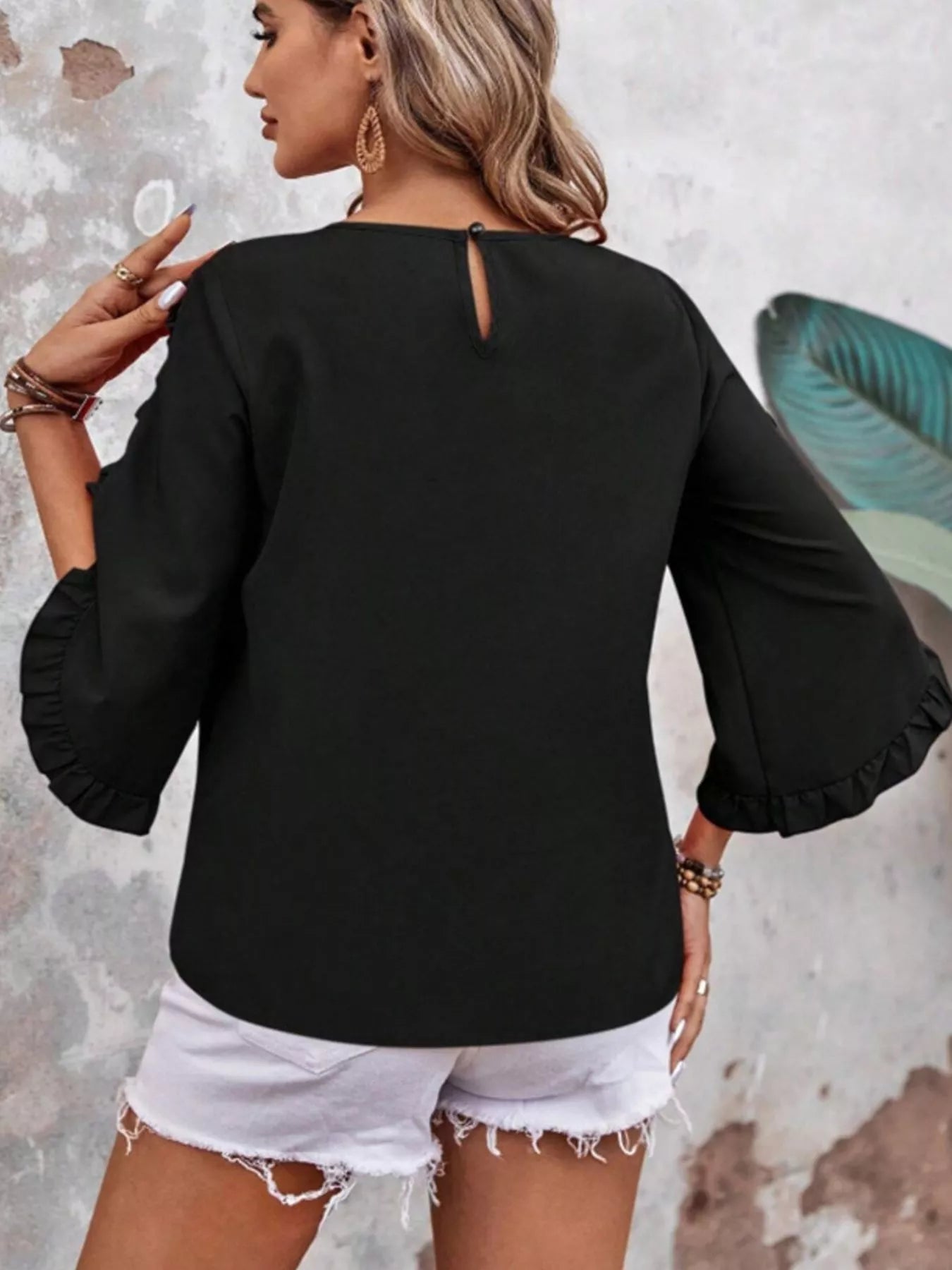 Ruffle Sleeve Solid Color Blouse 
