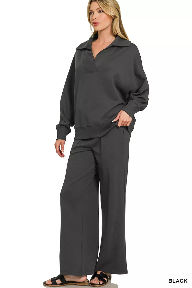 Zenana Scuba Collared Pullover & Center Seam Pants Set 