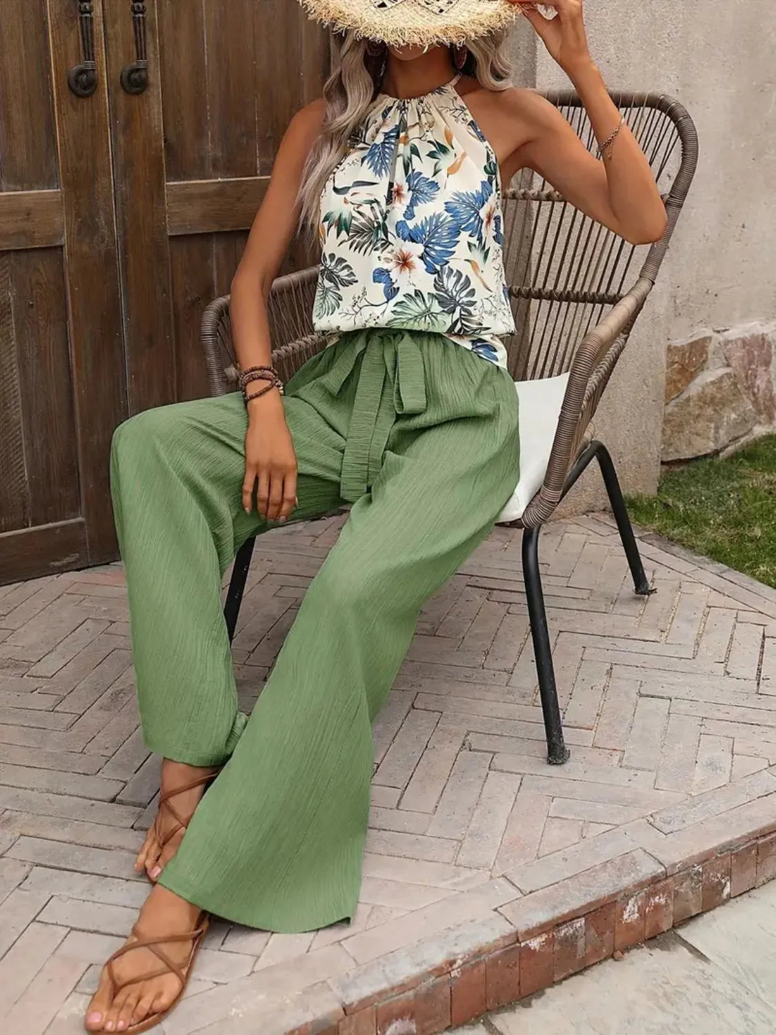 Printed Tank Top and Wide Leg Pants Set 