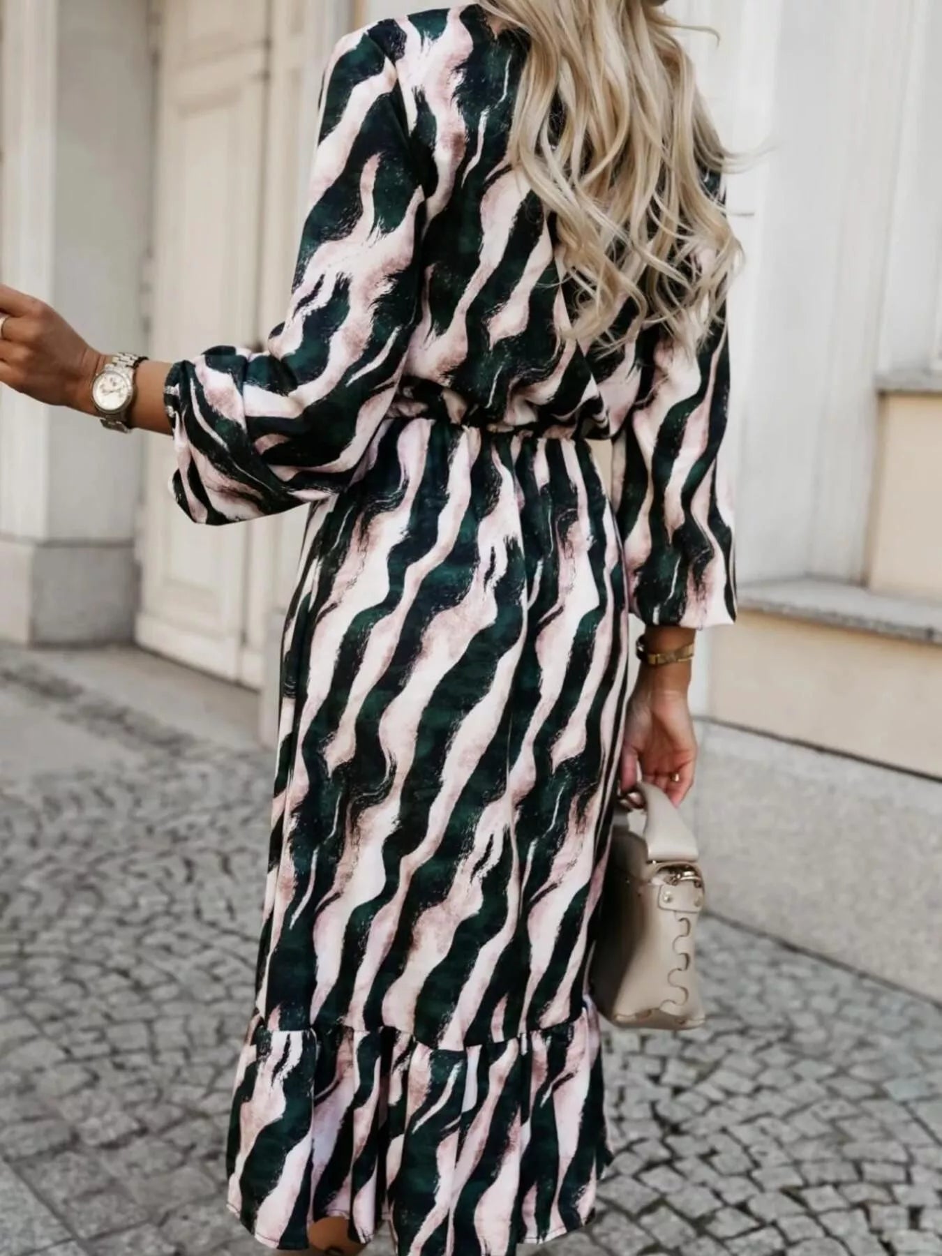 Ruffled Hem Striped Long Sleeve Dress 