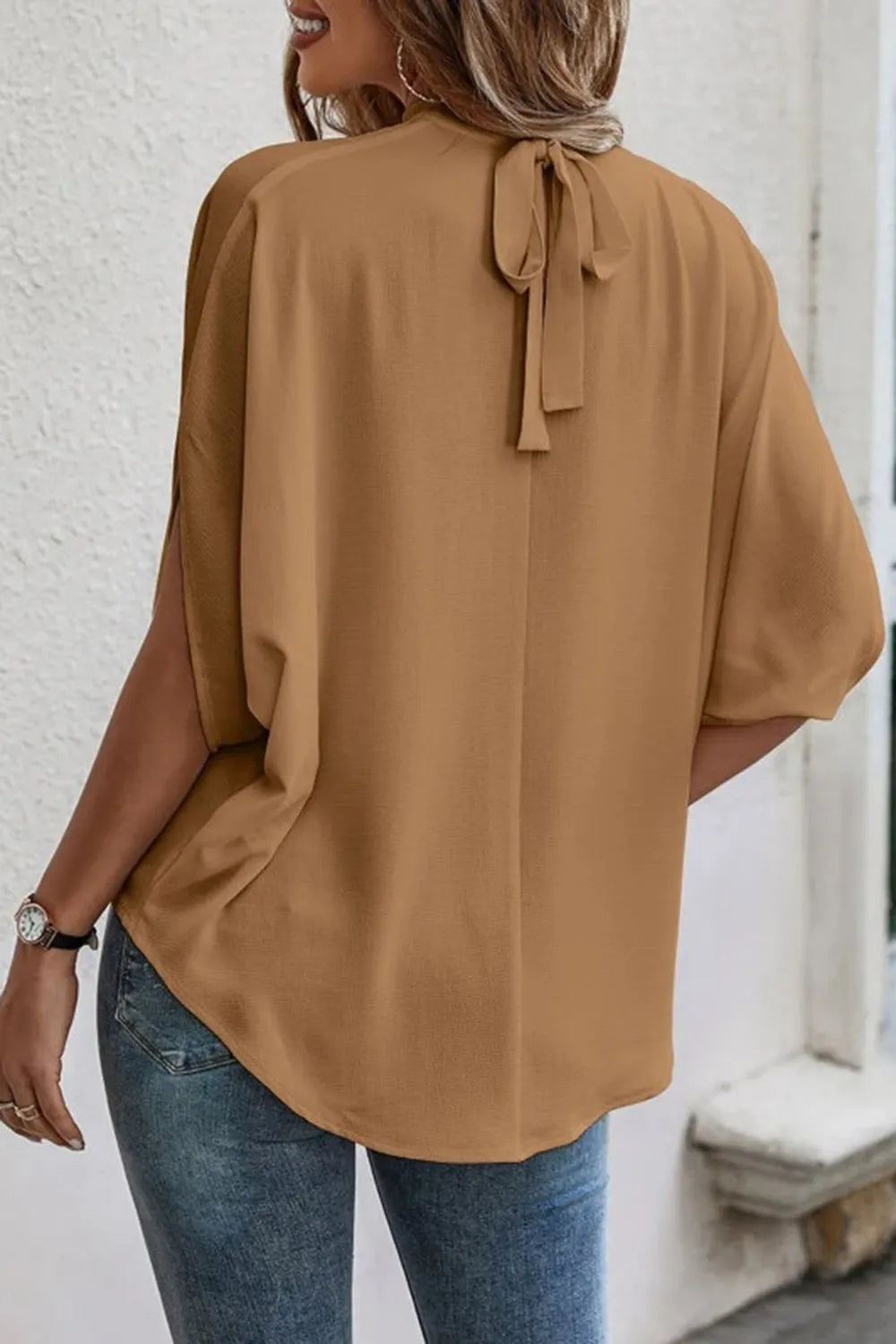 Tie Back Slit Half Sleeve Blouse 