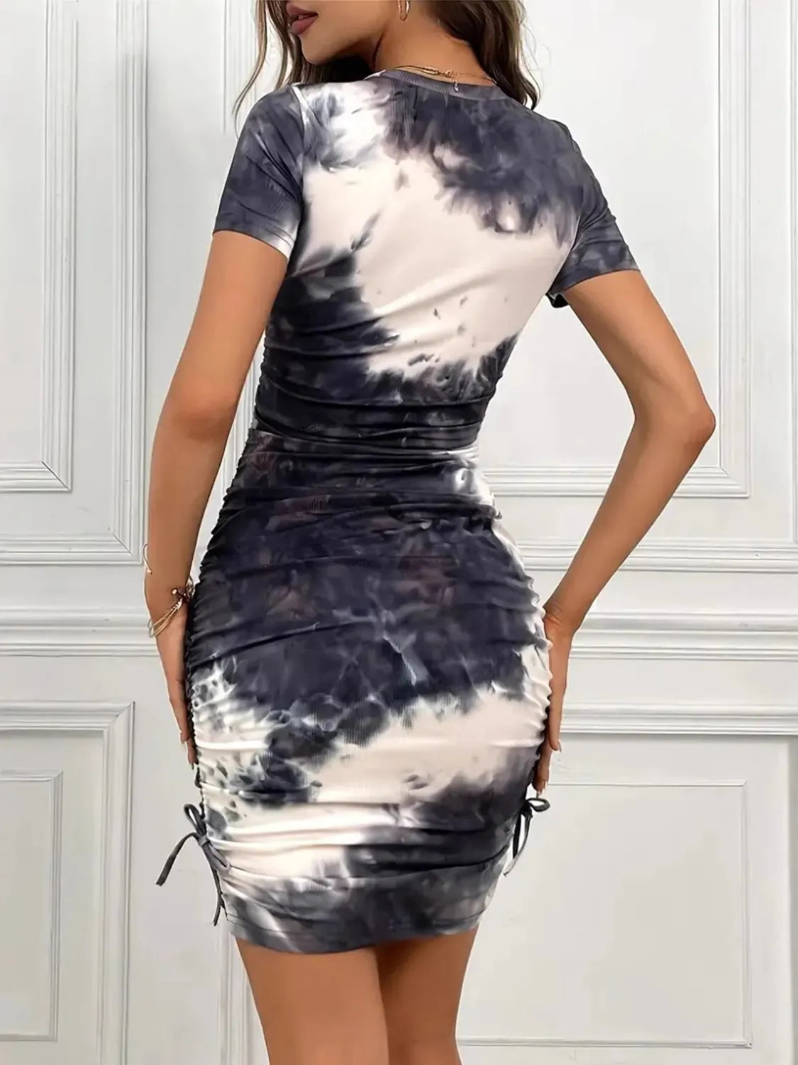 Drawstring Tie-Dye Round Neck Short Sleeve Dress 