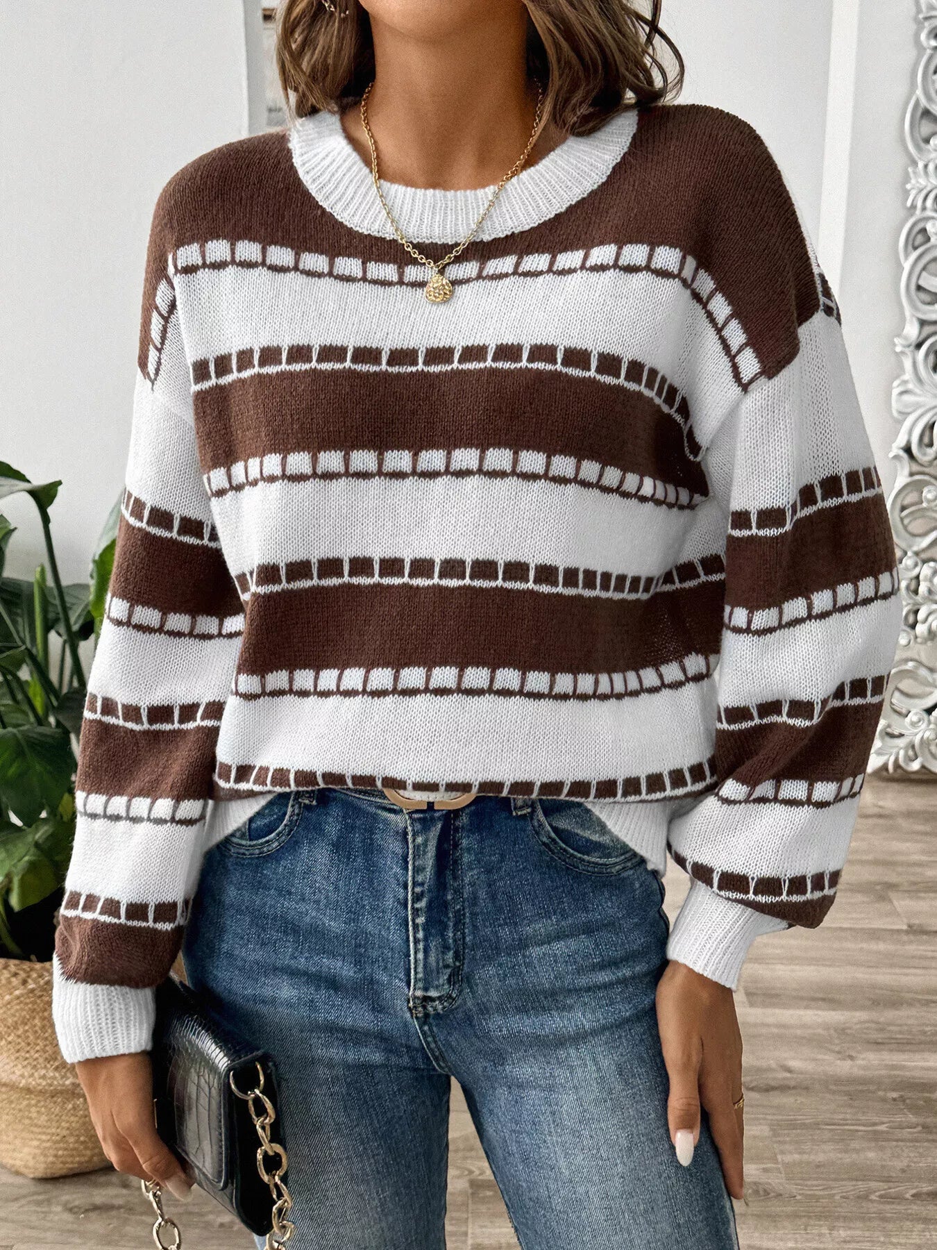 Striped Knit Dropped Shoulder Sweater 