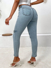 Decorative Buckle Skinny Jeans with Pockets 