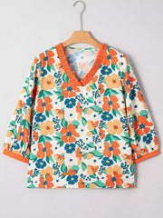 Frilled V Neck Floral Print Blouse 