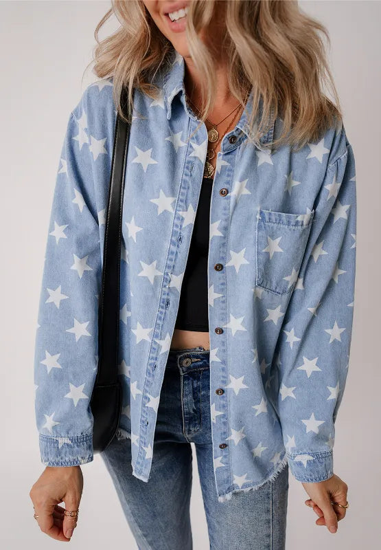 Raw Hem Star Collared Neck Denim Top 