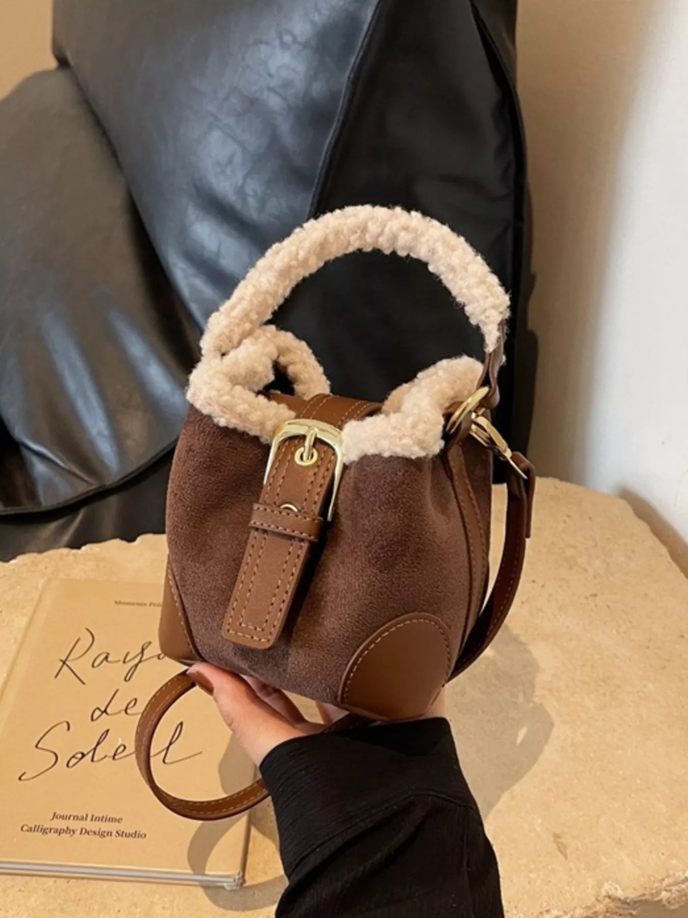 Fuzzy Trim Bucket Crossbody Bag 