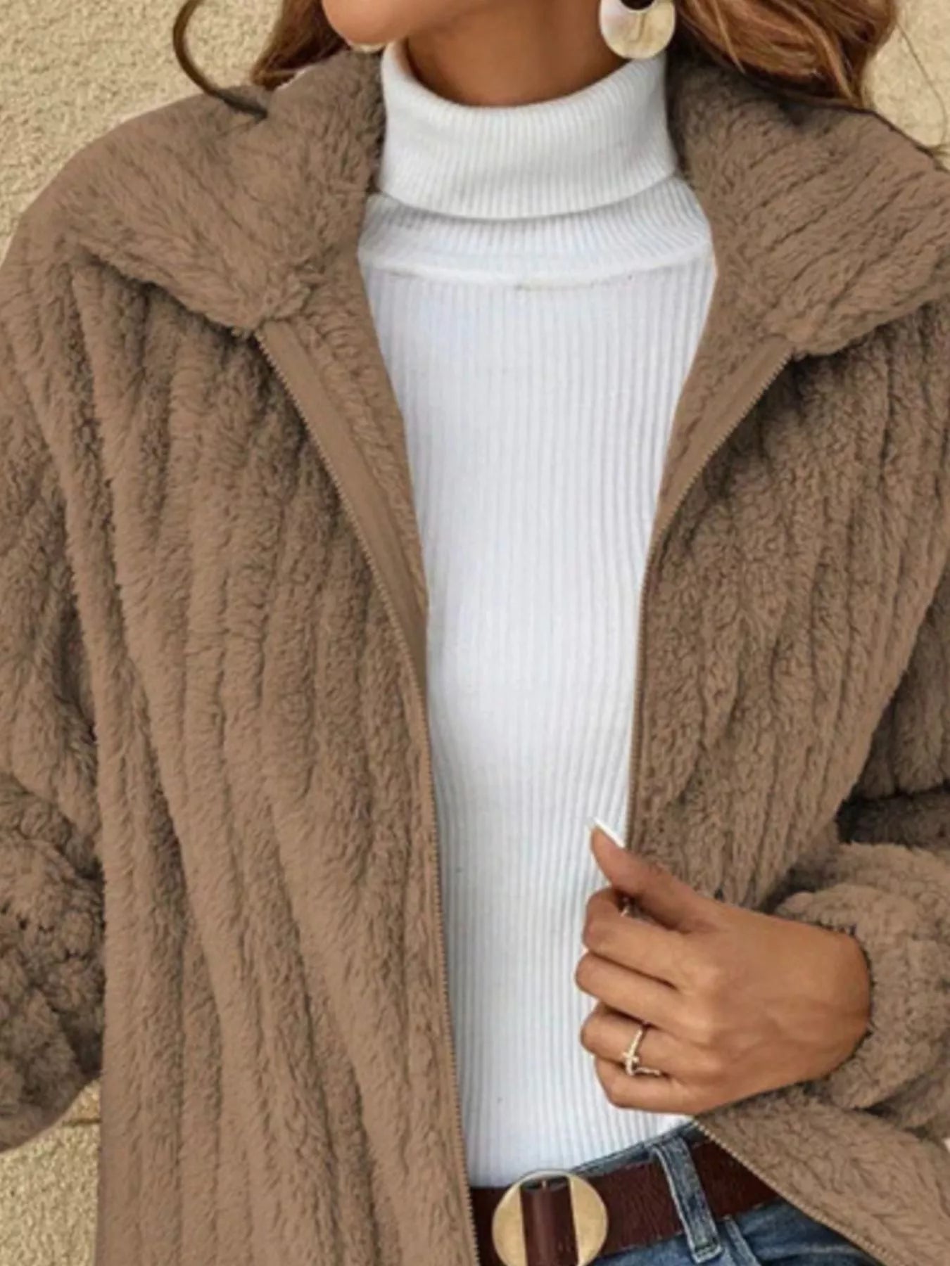 Full Size Zip-Up Long Sleeve Texture Jacket Plus Size 