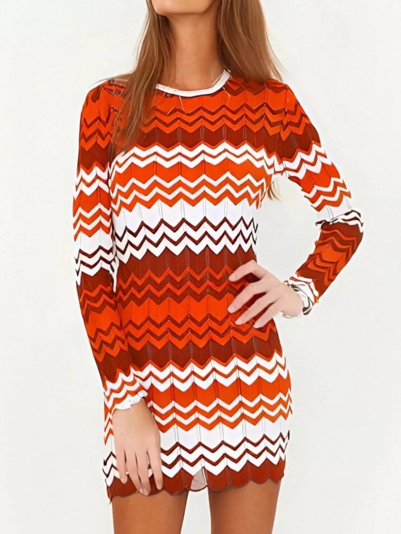 Openwork Wave Pattern Long Sleeve Sweater Dress 